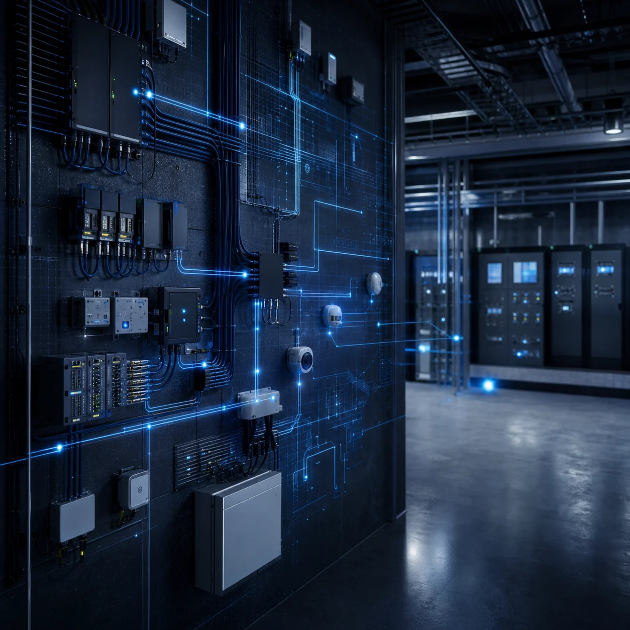 Facility technology room with connected edge devices and data pathways