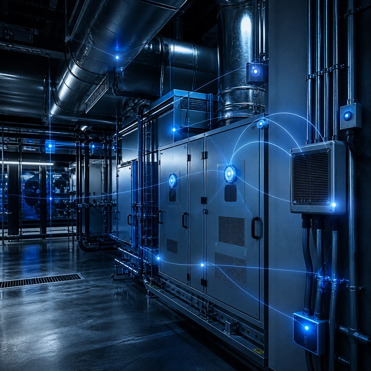 Connected HVAC equipment and IoT sensors in a commercial mechanical room
